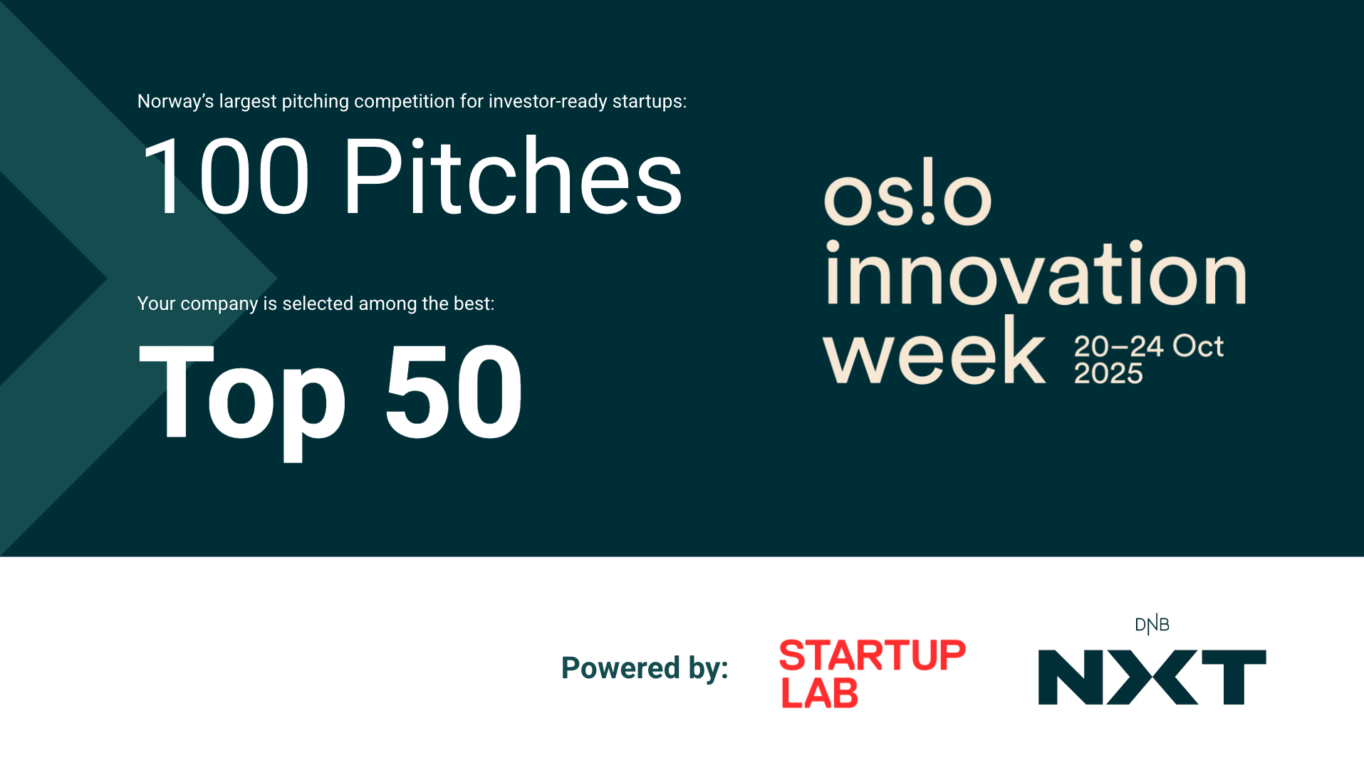 100 Pitches 2025 Top 50 award badge recognizing TigerCity.ai as one of Norway's top 50 startups